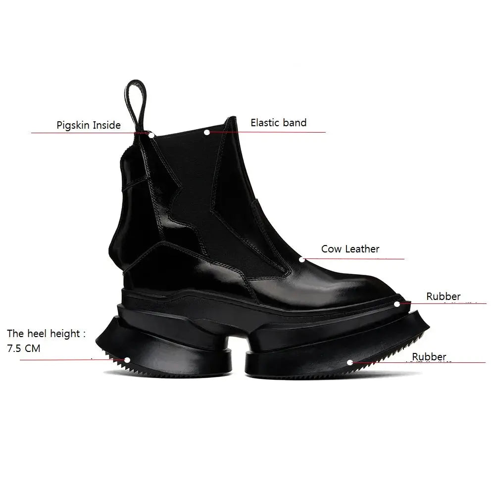Spring Autumn New Punk Style Chunky Sole Platform Strange Heels Genuine Leather Slip-On Men High Top Chelsea Boots 2411 Hominus Denim