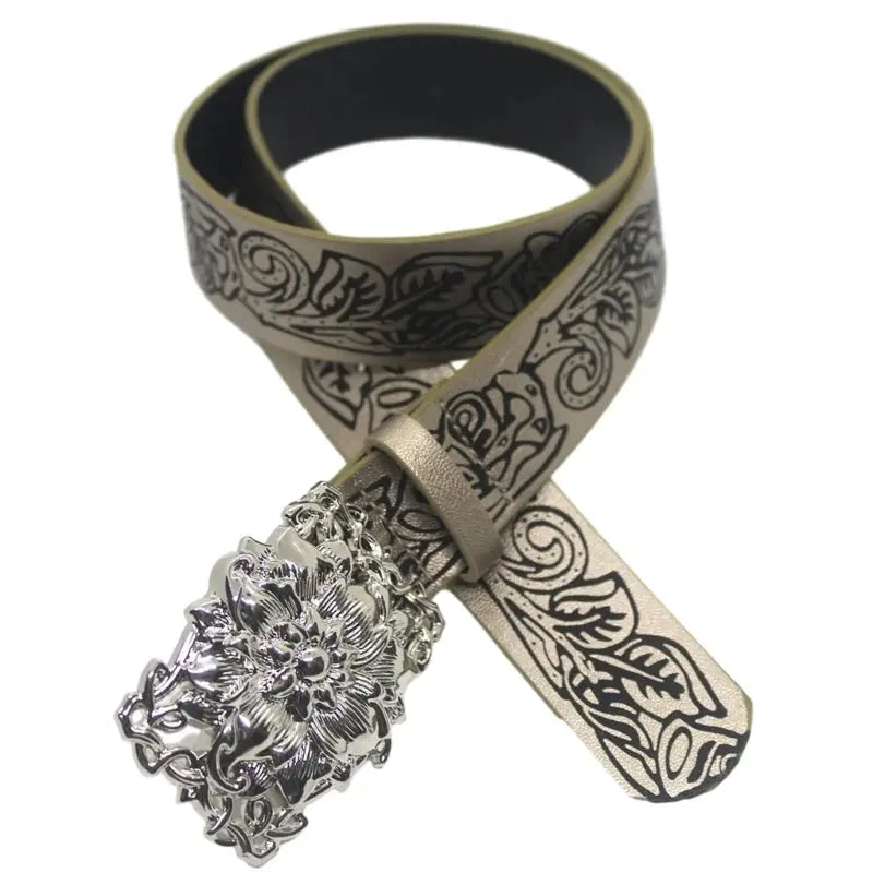 Stereo Flower Buckle Belt PU Wide Belt Trendy Enthusiasts Adjustable Waist Belt Hominus Denim