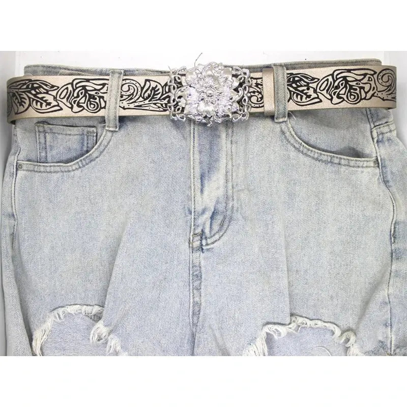 Stereo Flower Buckle Belt PU Wide Belt Trendy Enthusiasts Adjustable Waist Belt Hominus Denim
