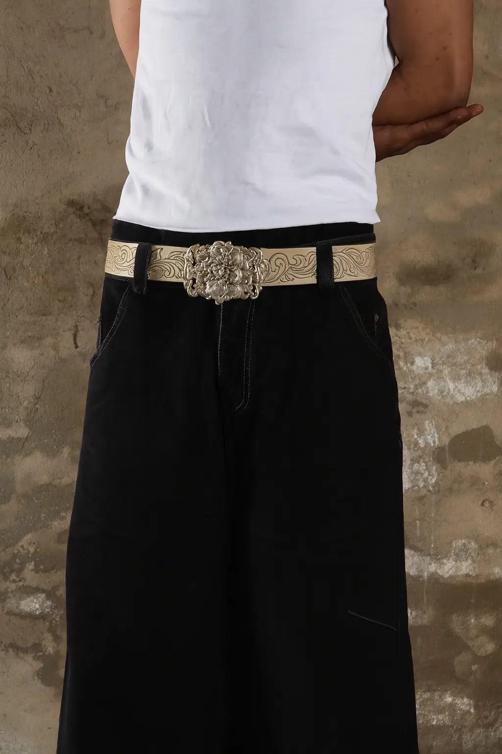 Stereo Flower Buckle Belt PU Wide Belt Trendy Enthusiasts Adjustable Waist Belt Hominus Denim