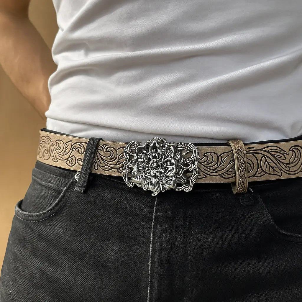 Stereo Flower Buckle Belt PU Wide Belt Trendy Enthusiasts Adjustable Waist Belt Hominus Denim