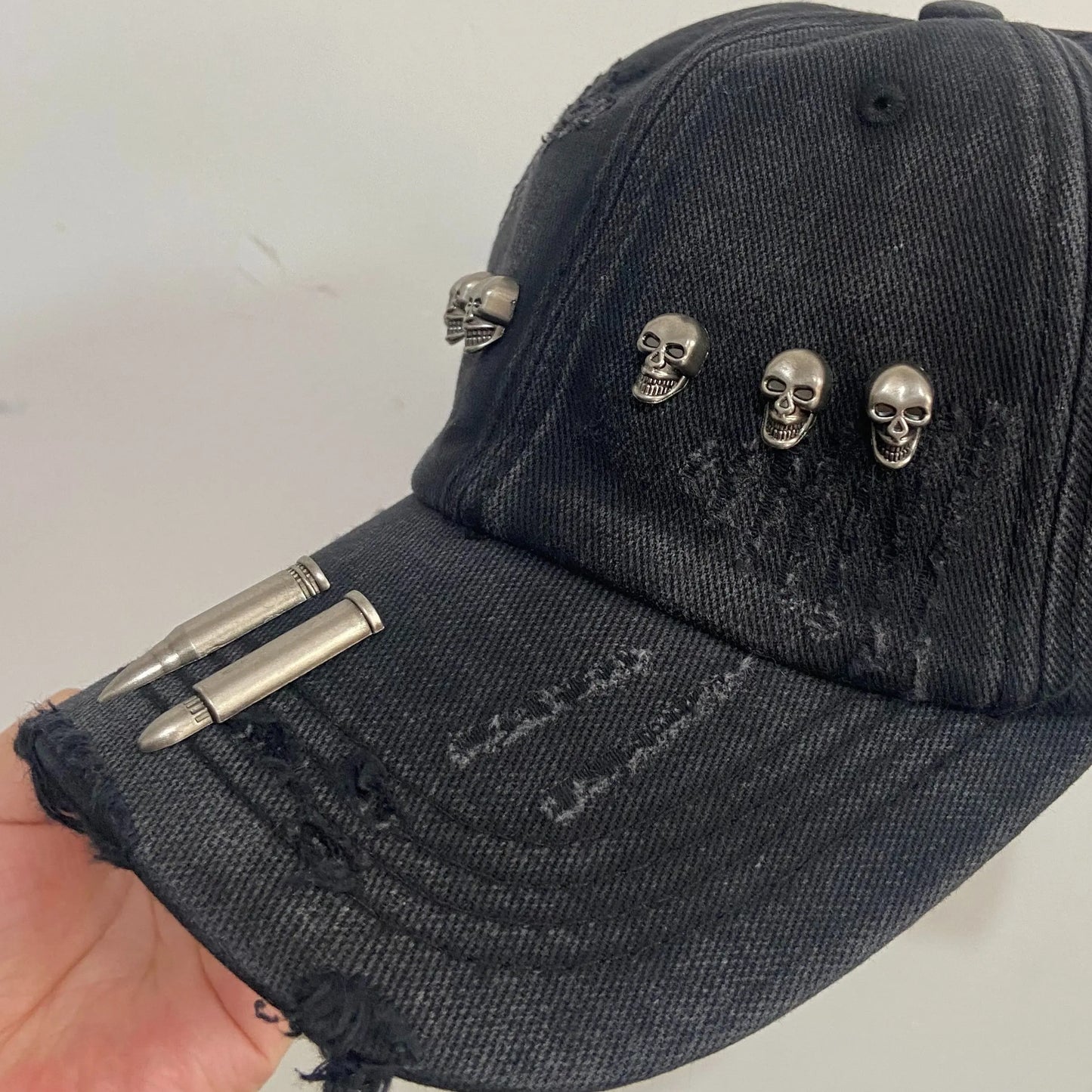Street Style Fashion Baseball Cap with Metal Bullet Shell & Skull Accents - Distressed Cotton, Hip-Hop Rock Look Hominus Denim