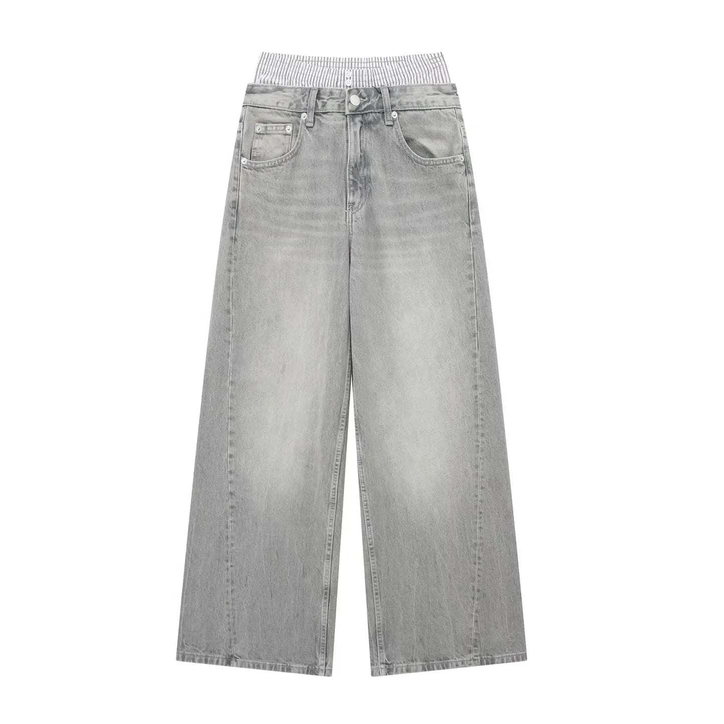 TRAFZA Woman Denim Trousers Patchwork High Waist Loose Zipper Jeans Wild Vintage Commute Streetwear Women's Wide Leg Long Pant Hominus Denim