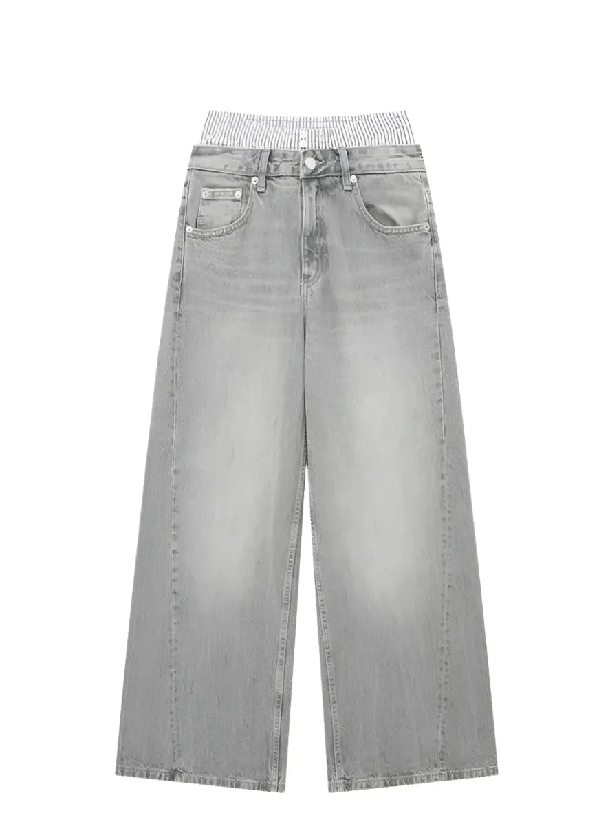 TRAFZA Woman Denim Trousers Patchwork High Waist Loose Zipper Jeans Wild Vintage Commute Streetwear Women's Wide Leg Long Pant Hominus Denim