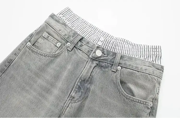 TRAFZA Woman Denim Trousers Patchwork High Waist Loose Zipper Jeans Wild Vintage Commute Streetwear Women's Wide Leg Long Pant Hominus Denim