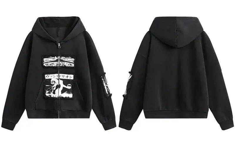 Vintage Hooded Jacket Y2K Embroidered Japanese Style Patch Zipper Hoodie Sweatshirt Streetwear Hip Hop Punk Gothic Baggy Hoodies Hominus Denim
