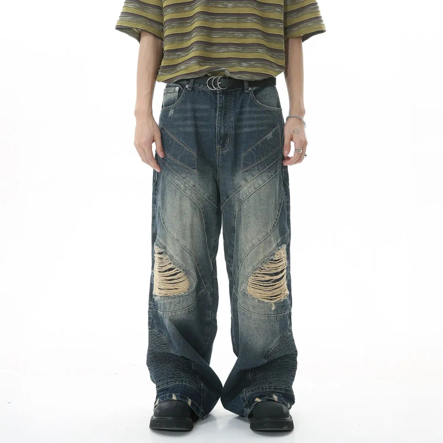 Vintage Men's Jeans High Street Spliced Hole Straight Wide Leg Denim Pants Fashion Distress Blue Loose Trousers Streetwear New Hominus Denim