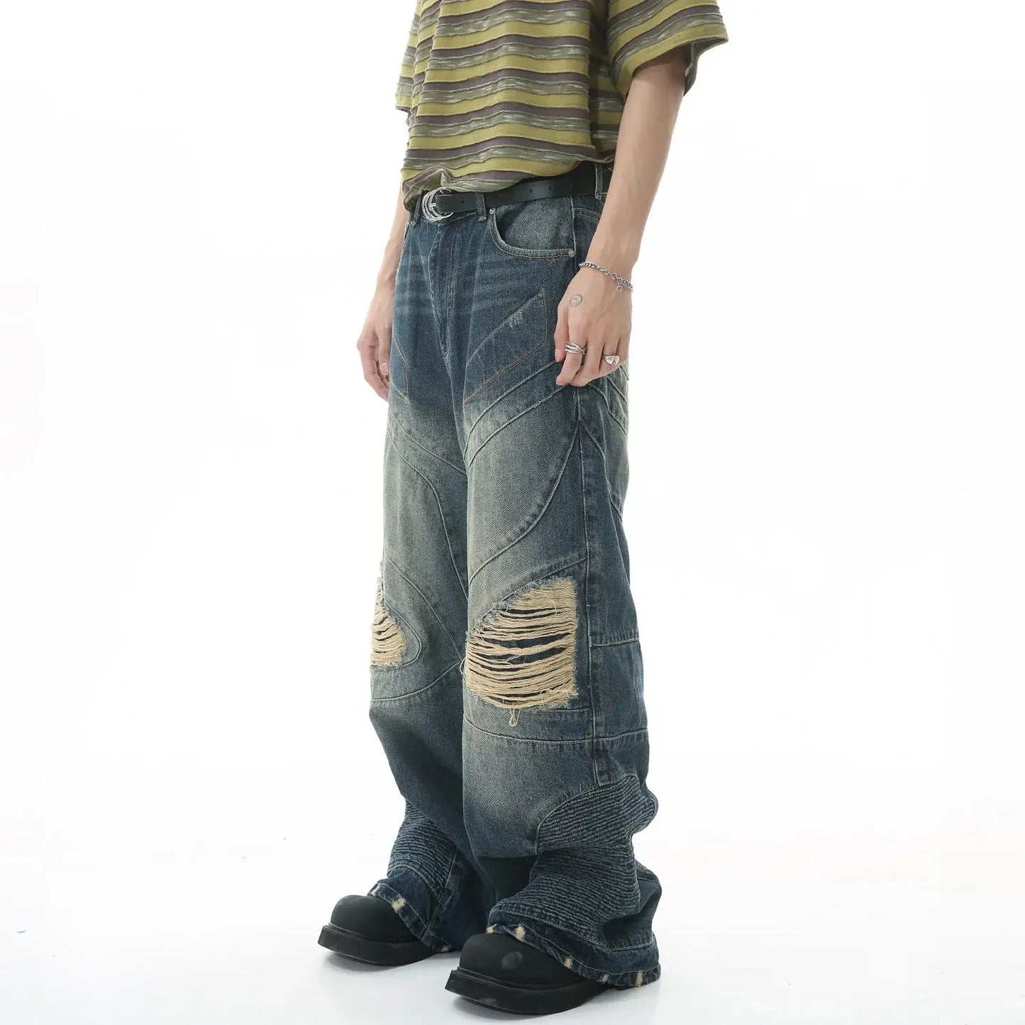 Vintage Men's Jeans High Street Spliced Hole Straight Wide Leg Denim Pants Fashion Distress Blue Loose Trousers Streetwear New Hominus Denim