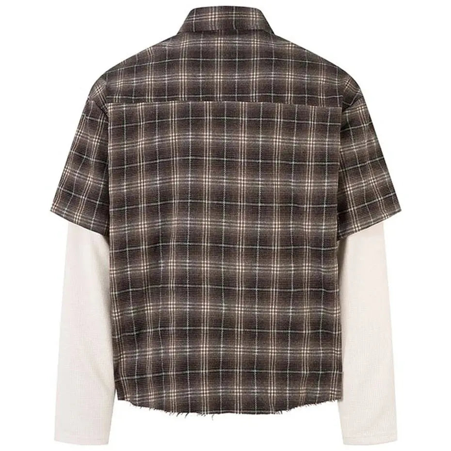 Vintage Plaid Shirts Fake Two Piece Loose Long Sleeve Shirts Button Up Blouse Streetwear Harajuku Hip Hop Shirts Hominus Denim