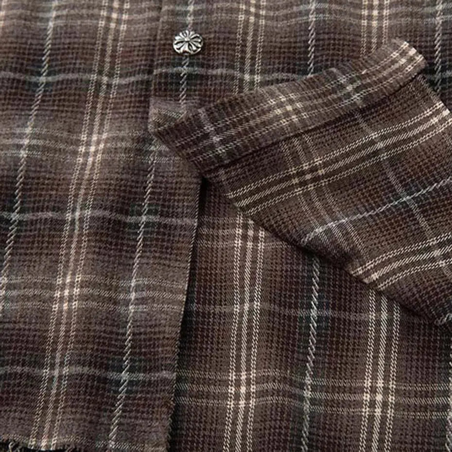 Vintage Plaid Shirts Fake Two Piece Loose Long Sleeve Shirts Button Up Blouse Streetwear Harajuku Hip Hop Shirts Hominus Denim