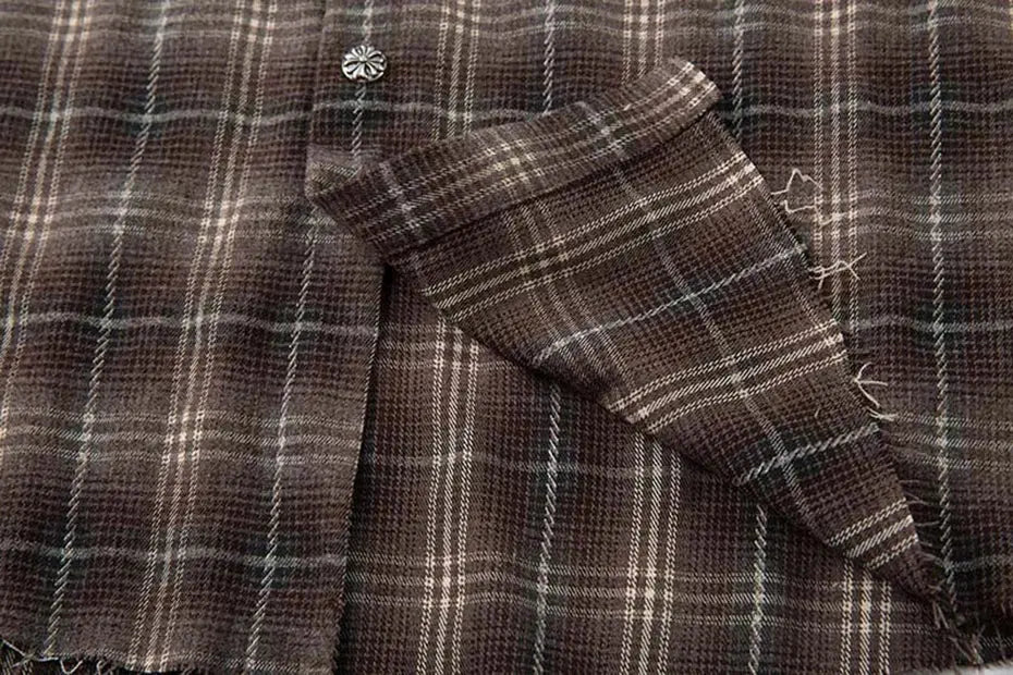 Vintage Plaid Shirts Fake Two Piece Loose Long Sleeve Shirts Button Up Blouse Streetwear Harajuku Hip Hop Shirts Hominus Denim