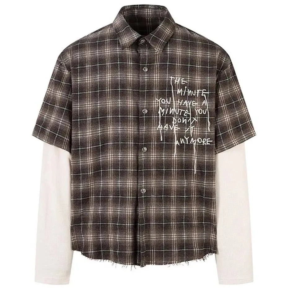 Vintage Plaid Shirts Fake Two Piece Loose Long Sleeve Shirts Button Up Blouse Streetwear Harajuku Hip Hop Shirts Hominus Denim