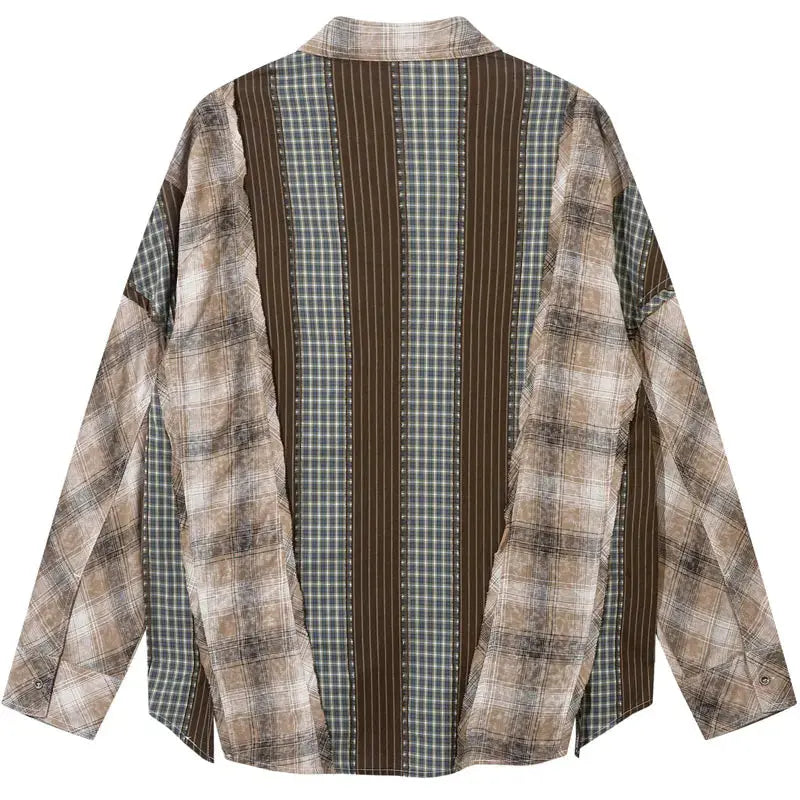 Vintage Plaid Shirts Y2K Hip Hop Patchwork Long Sleeve Button Up Cotton Shirt Streetwear Harajuku Punk Gothic Baggy Blouse Tops Hominus Denim