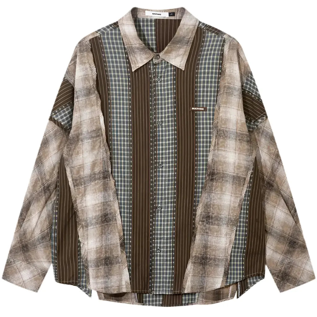 Vintage Plaid Shirts Y2K Hip Hop Patchwork Long Sleeve Button Up Cotton Shirt Streetwear Harajuku Punk Gothic Baggy Blouse Tops Hominus Denim