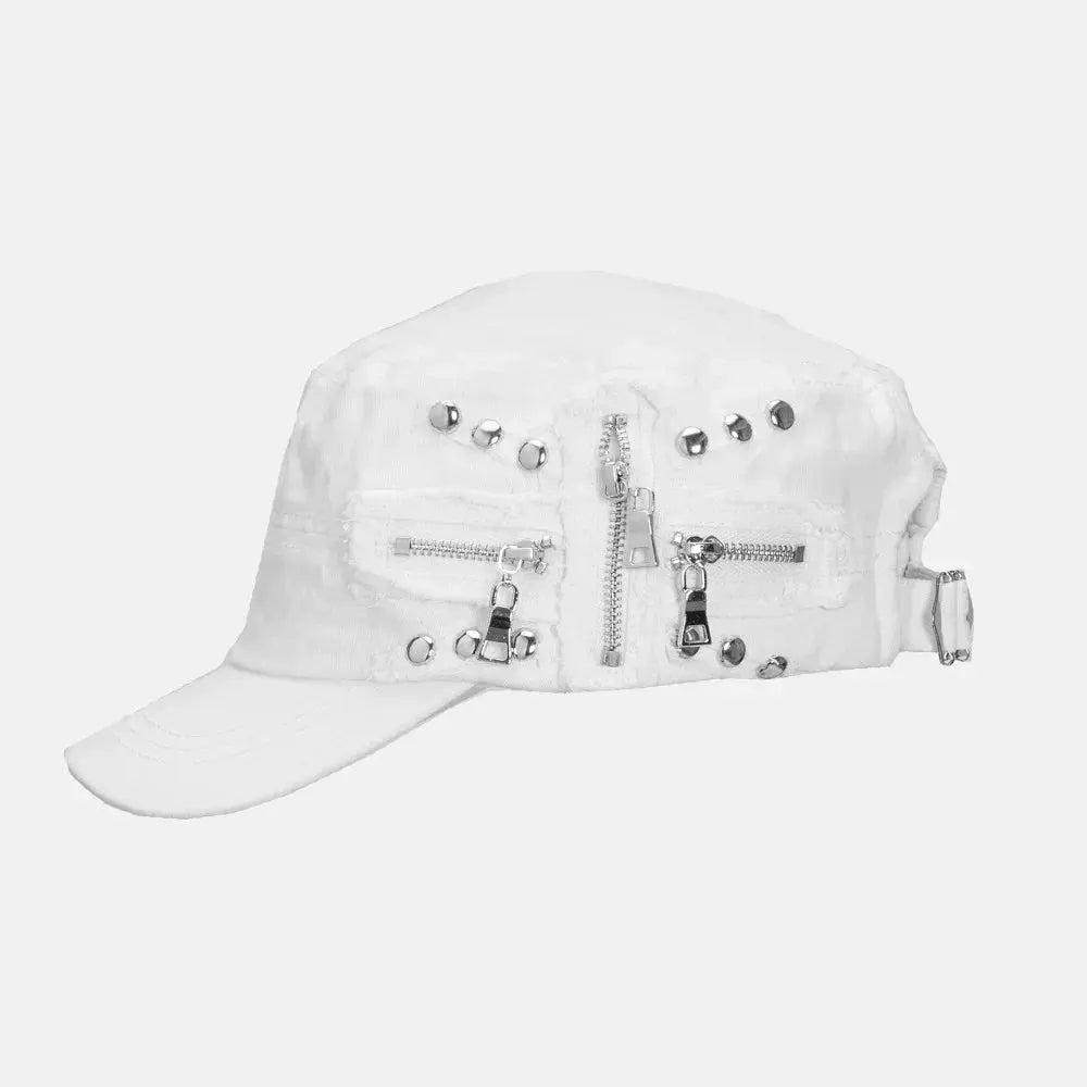 Vintage Rivet Hip Hop Punk Zippers Baseball Cap Men Women Ripped Hole Distressed Hat Washed Retro Flat Cap Hominus Denim