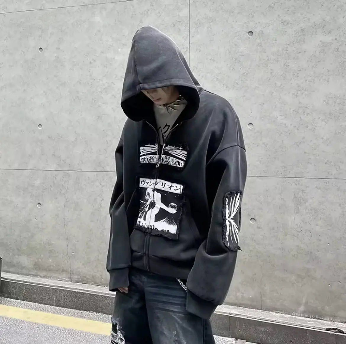 Washed Distressed Patch Gothic Design Hoodie Hominus Denim