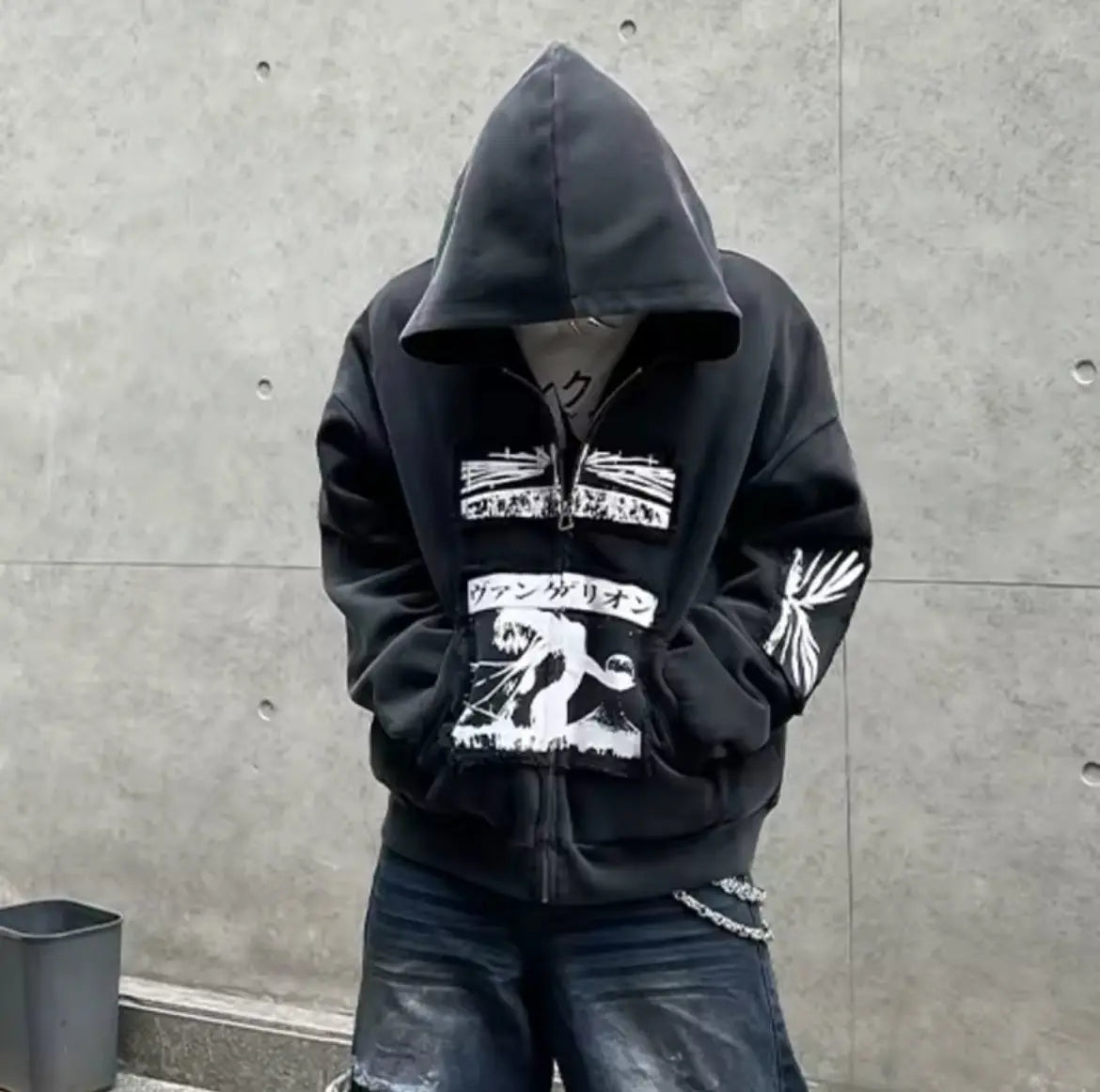 Washed Distressed Patch Gothic Design Hoodie Hominus Denim