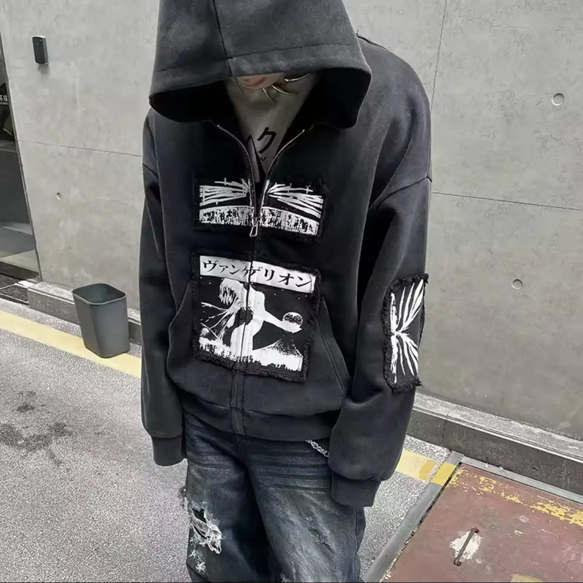 Washed Distressed Patch Gothic Design Hoodie Hominus Denim