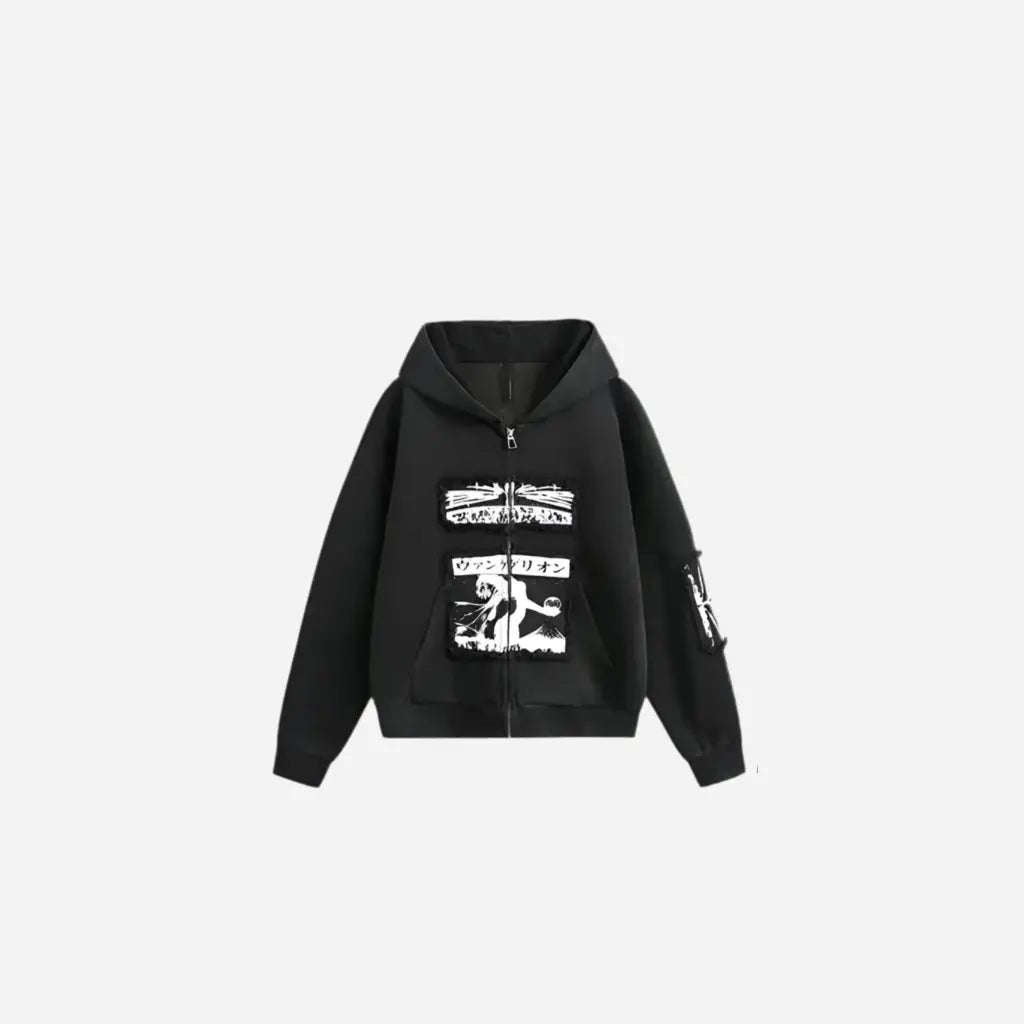 Washed Distressed Patch Gothic Design Hoodie Hominus Denim