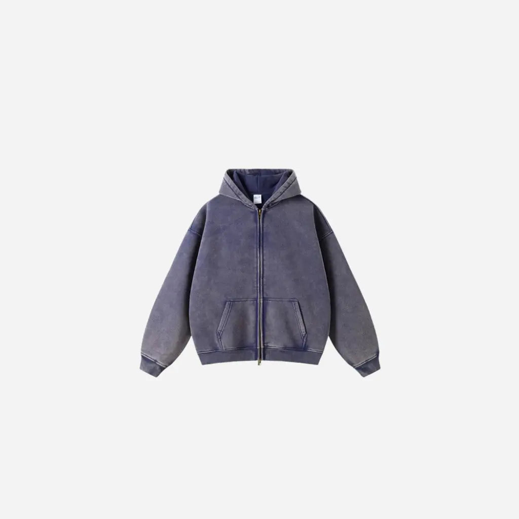Washed Essential Casual Fleece Zip Hoodie Hominus Denim
