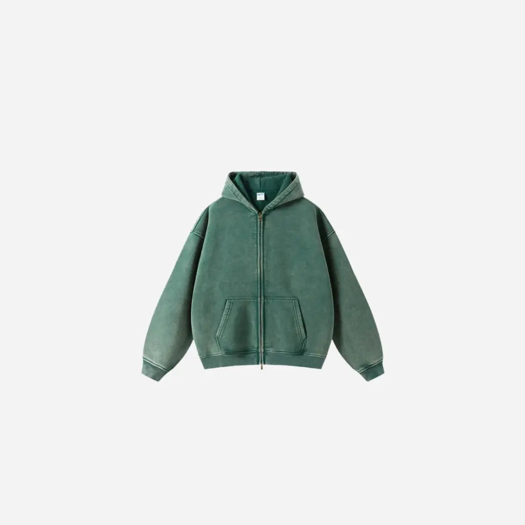 Washed Essential Casual Fleece Zip Hoodie Hominus Denim