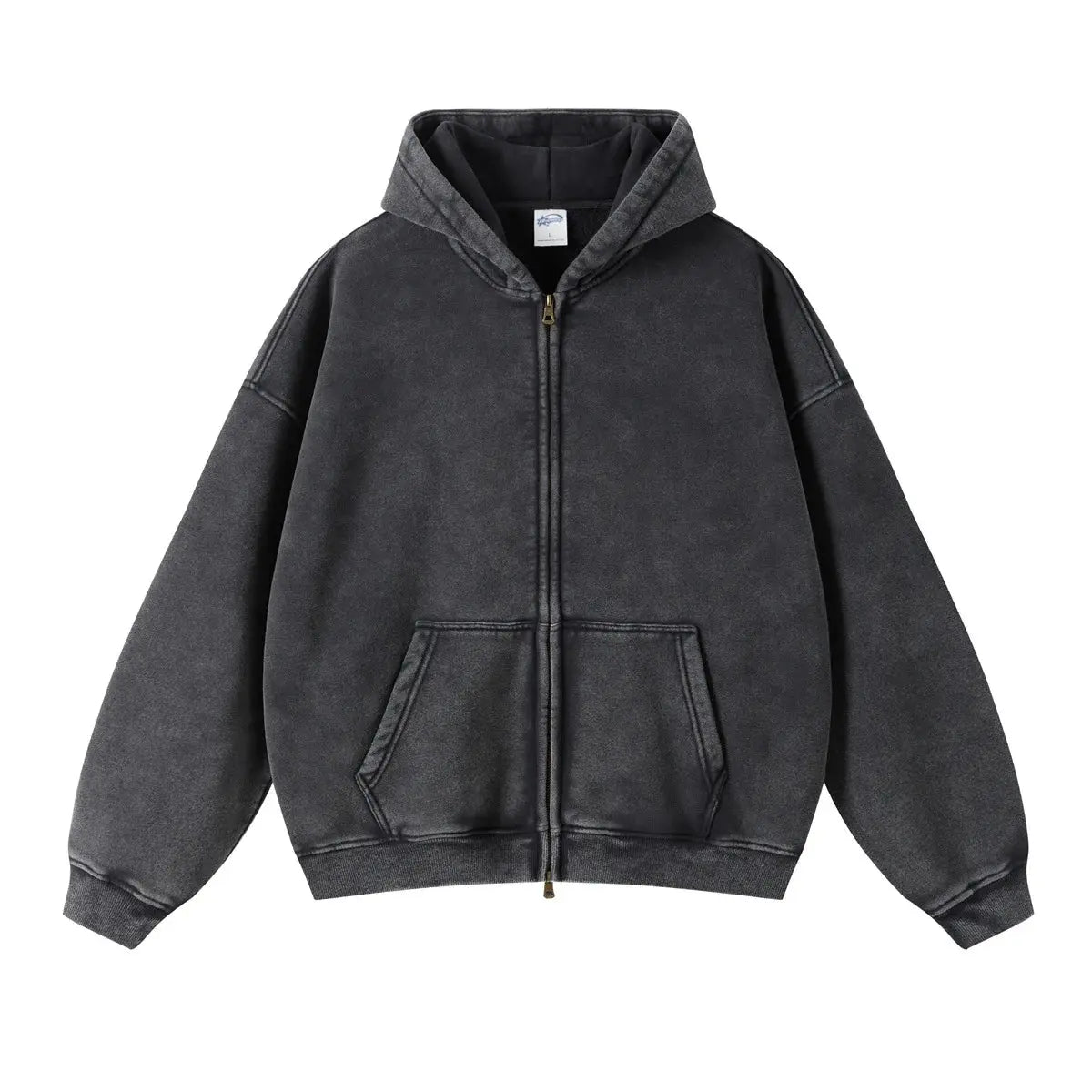 Washed Essential Casual Fleece Zip Hoodie - Hominus Denim