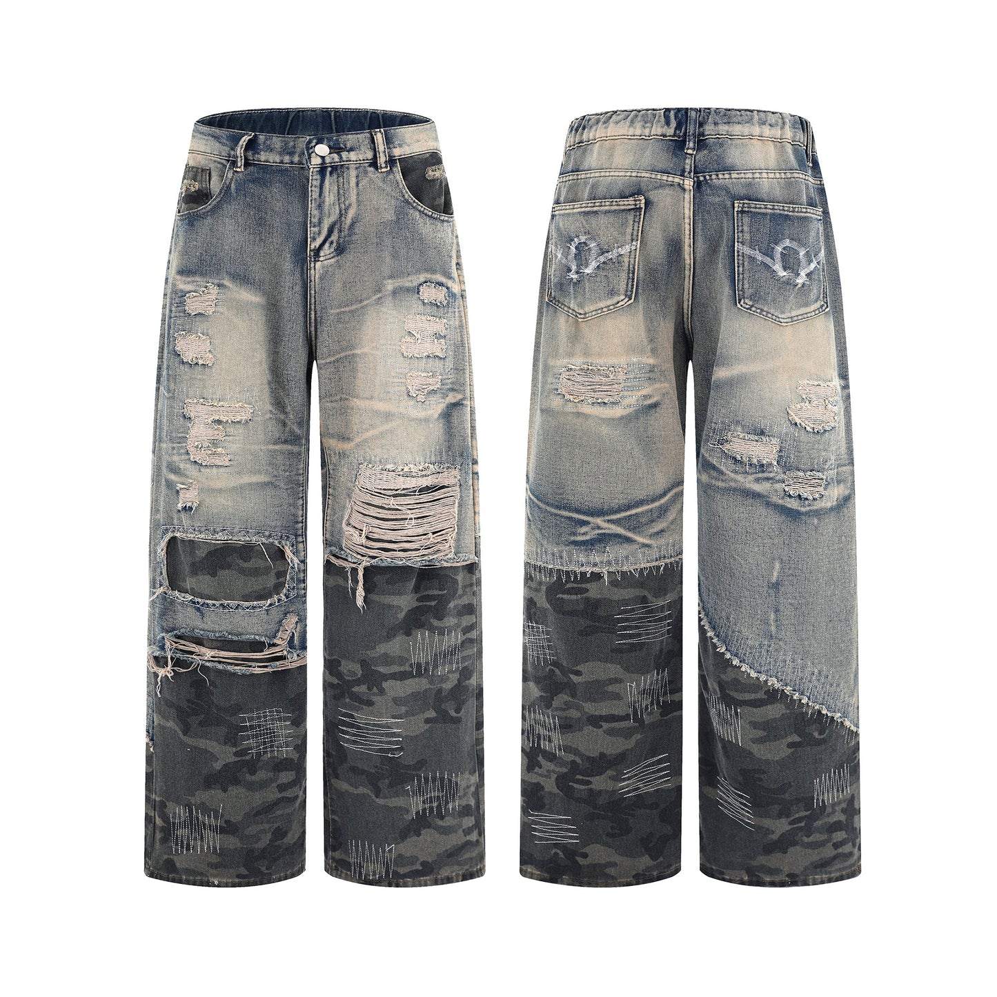 Washed Grunge Distressed Camouflage Baggy Jean - Hominus Denim