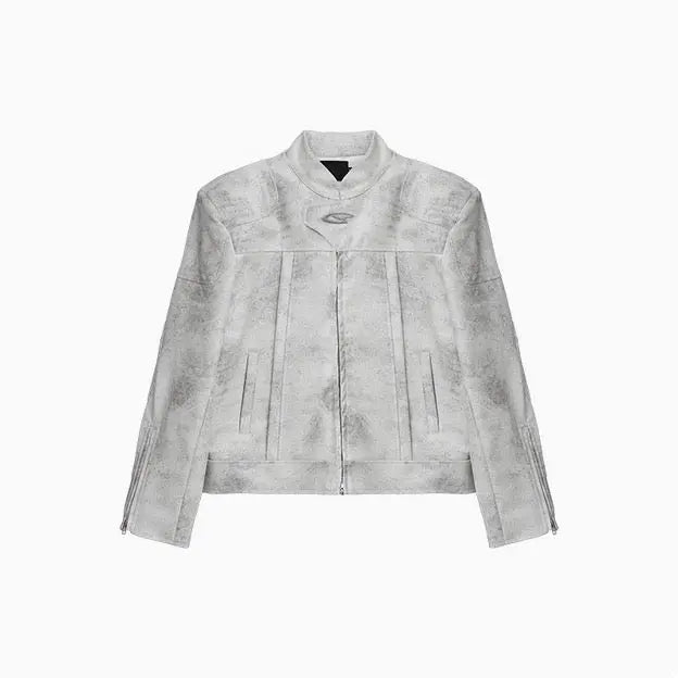 Washed Grunge Shoulder Patch Biker Leather Jacket Hominus Denim