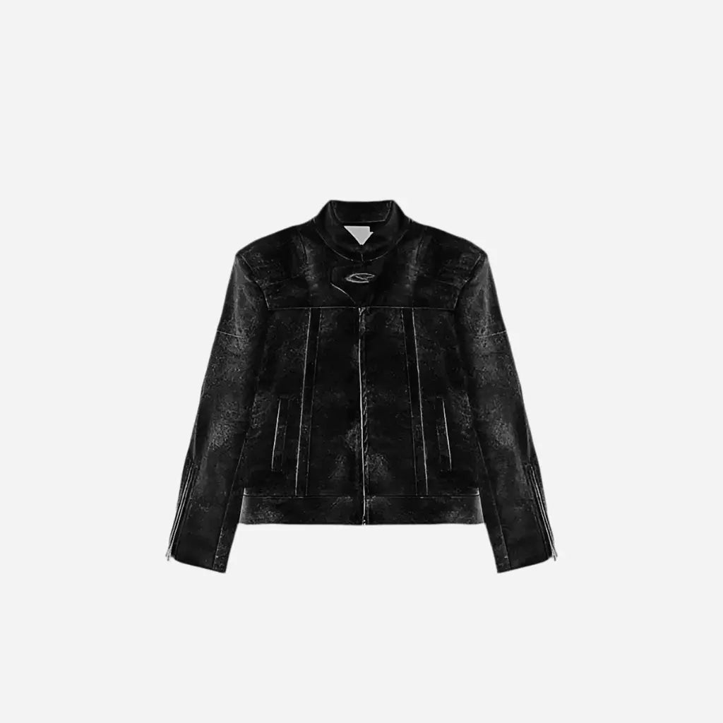 Washed Grunge Shoulder Patch Biker Leather Jacket Hominus Denim