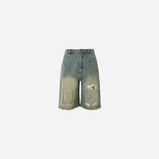 Washed Ripped Dollars Printed Denim Jorts Hominus Denim