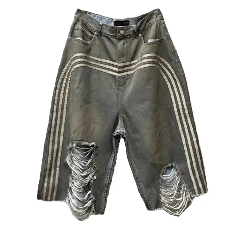 Wasteland Style Retro Distressed Hole Denim Shorts Personalized Patchwork Washed Loose Straight Jeans Shorts for Men Hominus Denim