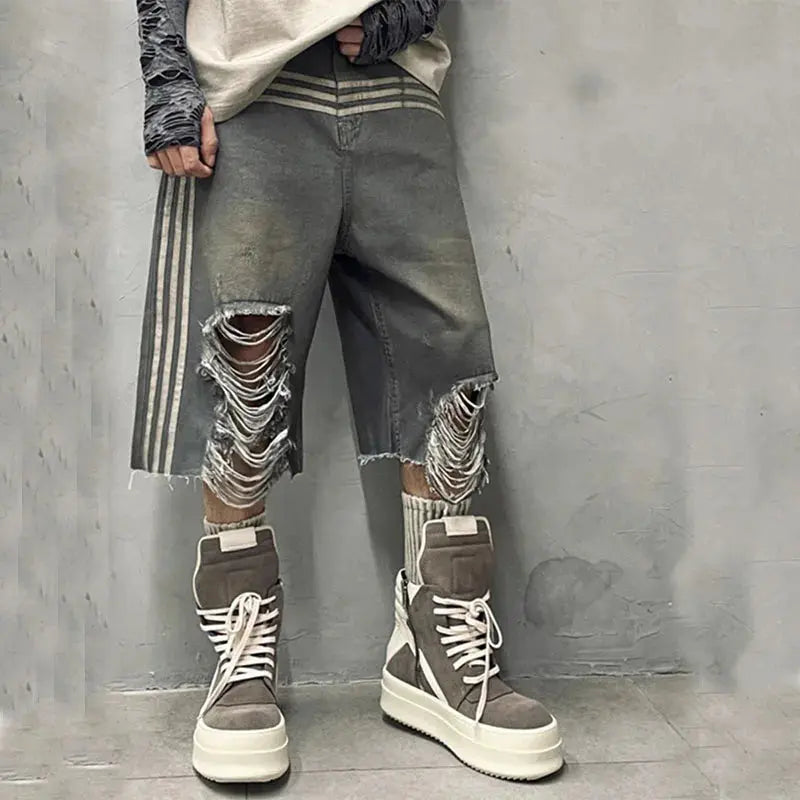 Wasteland Style Retro Distressed Hole Denim Shorts Personalized Patchwork Washed Loose Straight Jeans Shorts for Men Hominus Denim