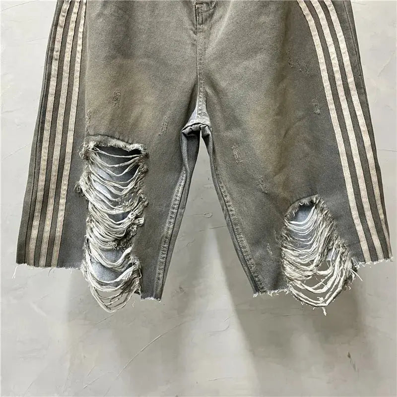 Wasteland Style Retro Distressed Hole Denim Shorts Personalized Patchwork Washed Loose Straight Jeans Shorts for Men Hominus Denim