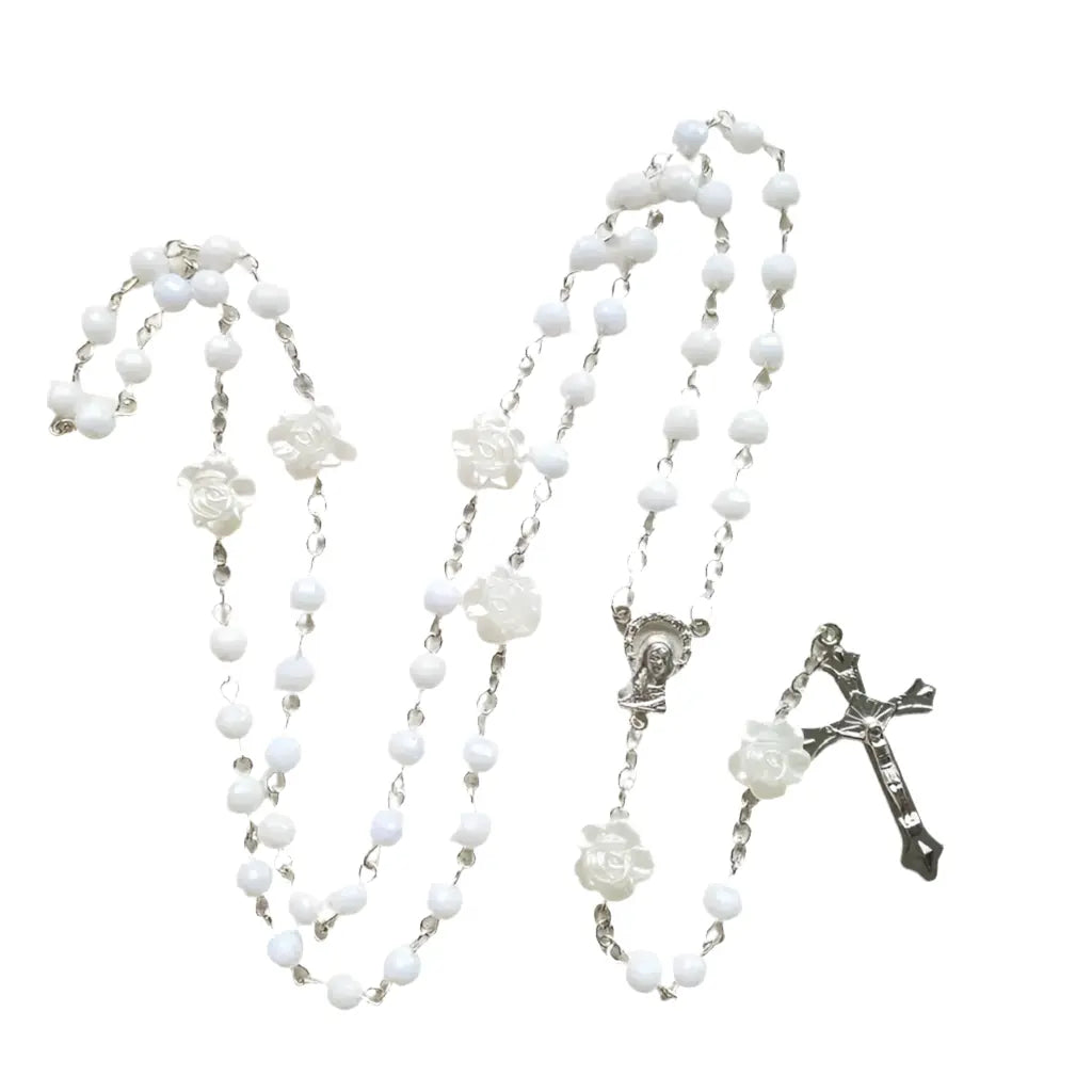 White Rose Plastic Rosary Cross Necklace Long Jesus Cross Religious Prayer Jewelry Hominus Denim