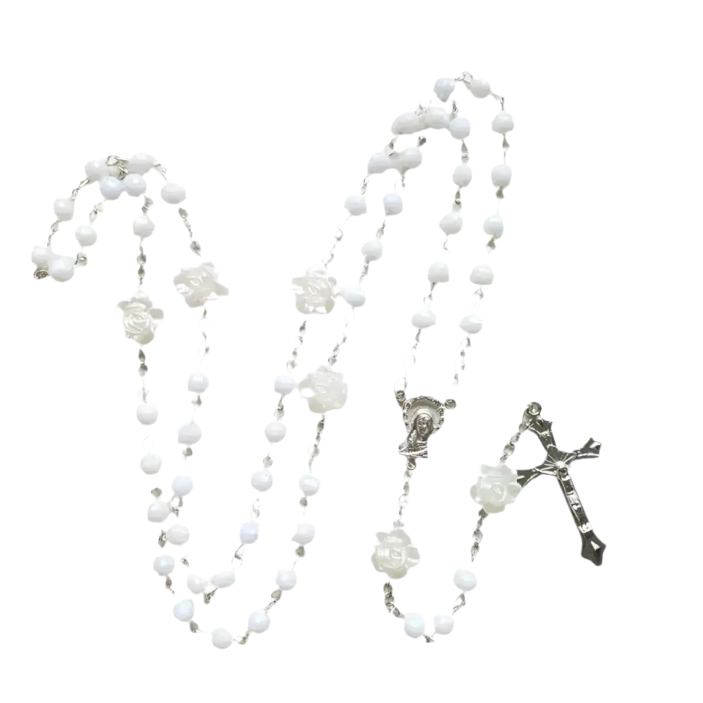 White Rose Rosary Flower Cross Necklace Hominus Denim