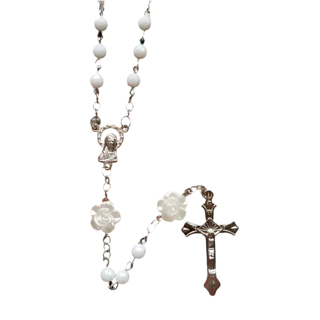 White Rose Rosary Flower Cross Necklace Hominus Denim