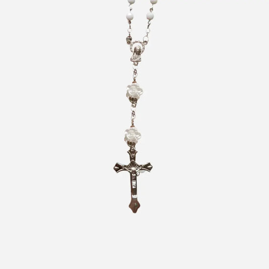 White Rose Rosary Flower Cross Necklace Hominus Denim