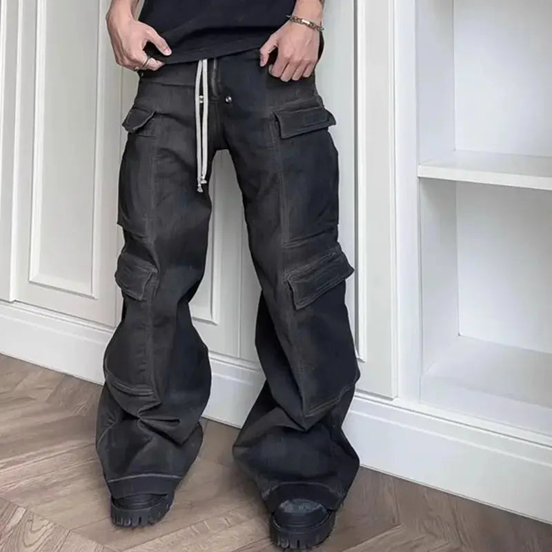 Wide Leg Multi-Pockets Smoke Grey Baggy Jean - Hominus Denim