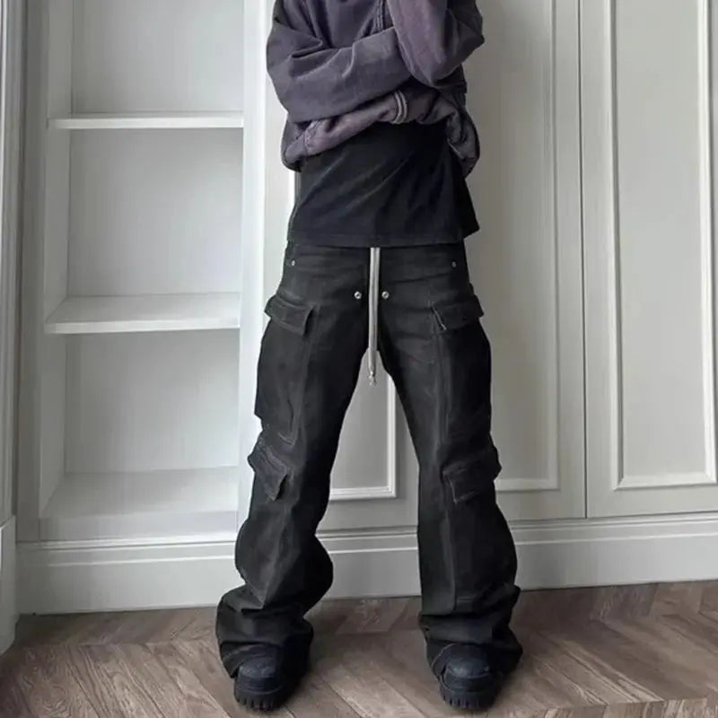 Wide Leg Multi-Pockets Smoke Grey Baggy Jean - Hominus Denim