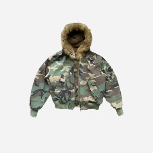 Y2K Streetwear Camouflage Hooded Fur Jacket Hominus Denim