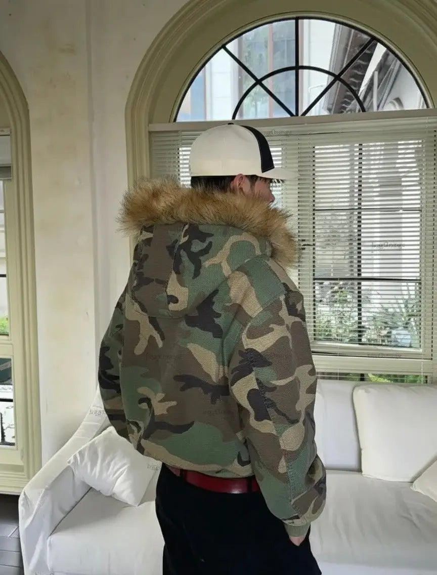 Y2K Streetwear Camouflage Hooded Fur Jacket Hominus Denim