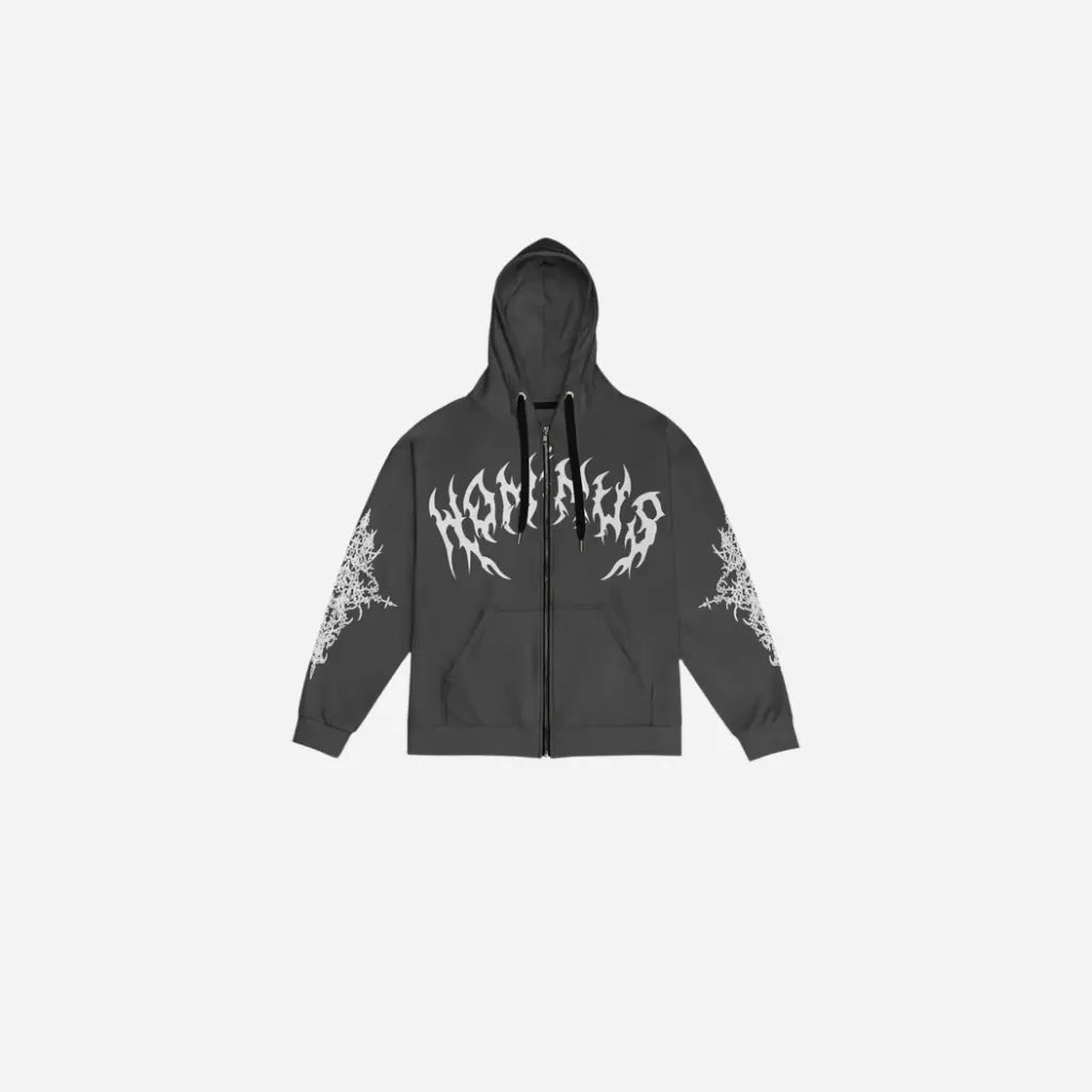 Y2K Washed Retro Gothic Flame Print Oversized Zipper Hoodie Hominus Denim