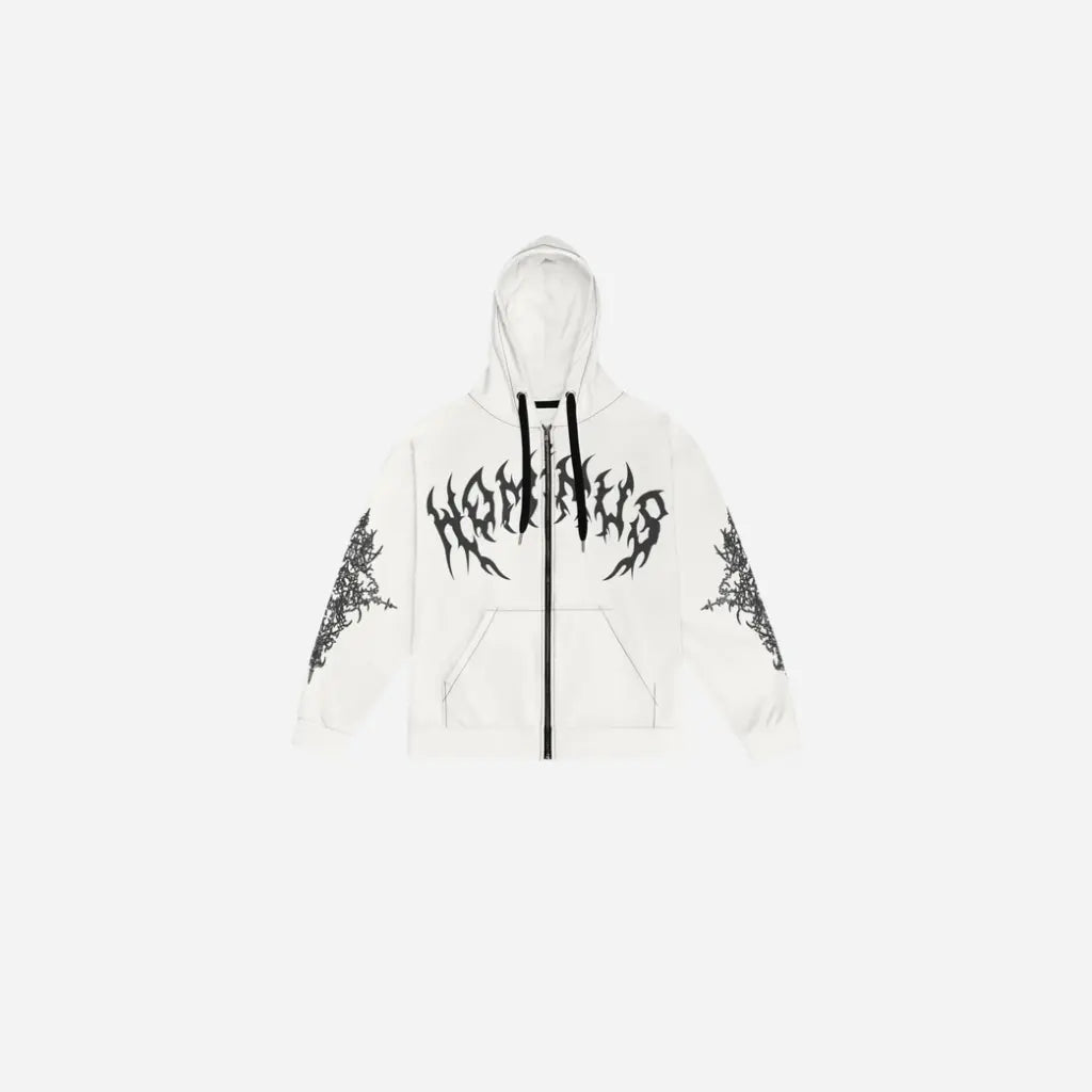 Y2K Washed Retro Gothic Flame Print Oversized Zipper Hoodie Hominus Denim