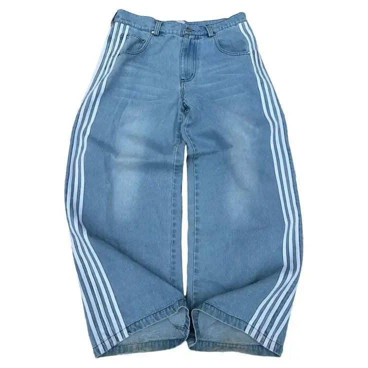 Y2k High Waisted Distressed Stripe Baggy Blue Jeans Korean Fashion Casual Style Straight Pants Classic Simple Trousers Hominus Denim