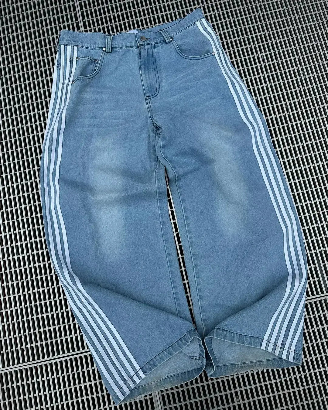 Y2k High Waisted Distressed Stripe Baggy Blue Jeans Korean Fashion Casual Style Straight Pants Classic Simple Trousers Hominus Denim