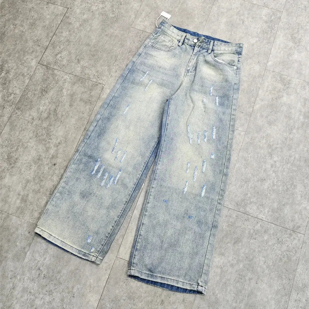 Yao888 Cleanfit Style Washed Old Vintage Casual Pants Wide Leg Pants Broken Hole Loose Baggy Streetwear Unisex Jeans For Men Hominus Denim