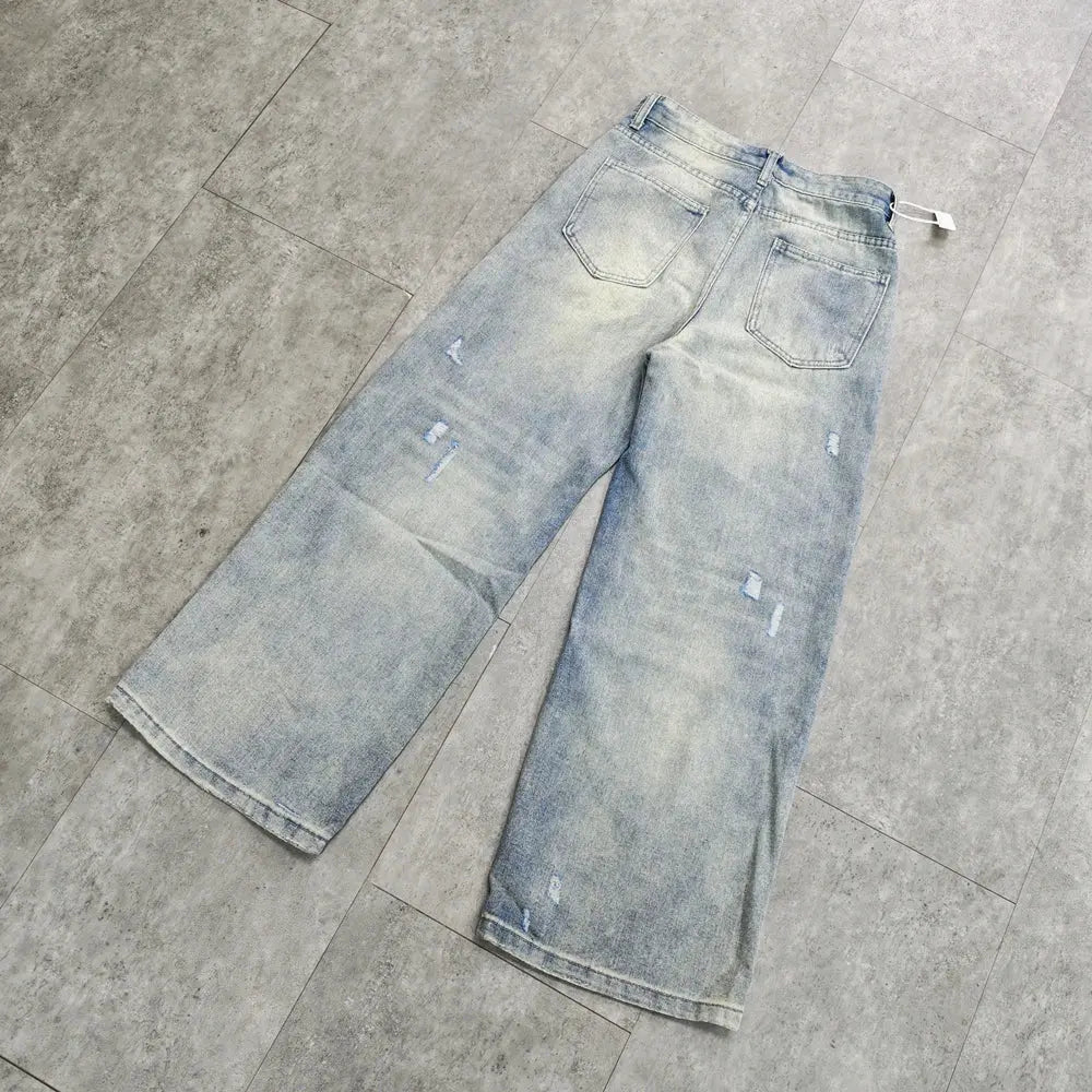 Yao888 Cleanfit Style Washed Old Vintage Casual Pants Wide Leg Pants Broken Hole Loose Baggy Streetwear Unisex Jeans For Men Hominus Denim