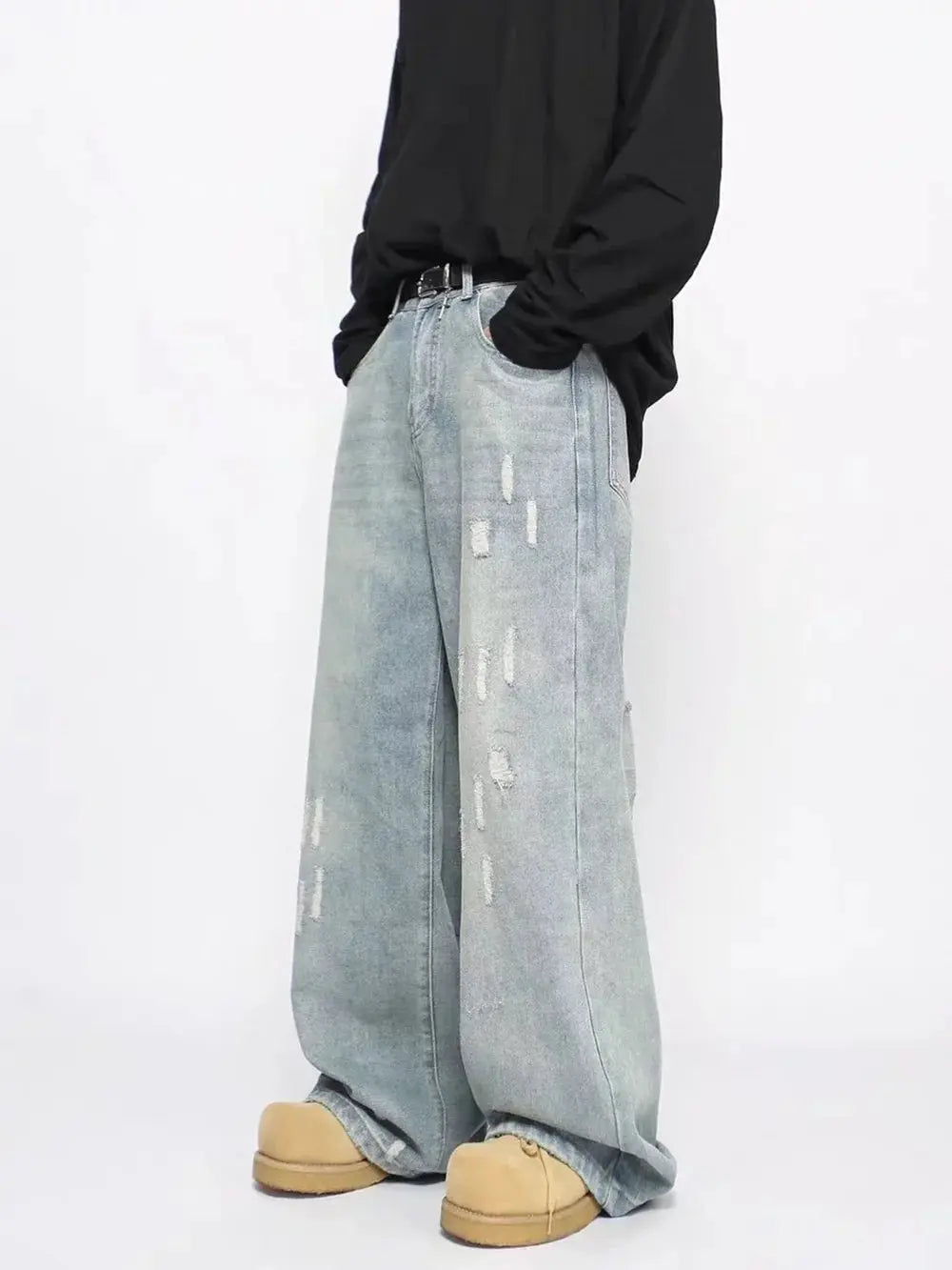 Yao888 Cleanfit Style Washed Old Vintage Casual Pants Wide Leg Pants Broken Hole Loose Baggy Streetwear Unisex Jeans For Men Hominus Denim