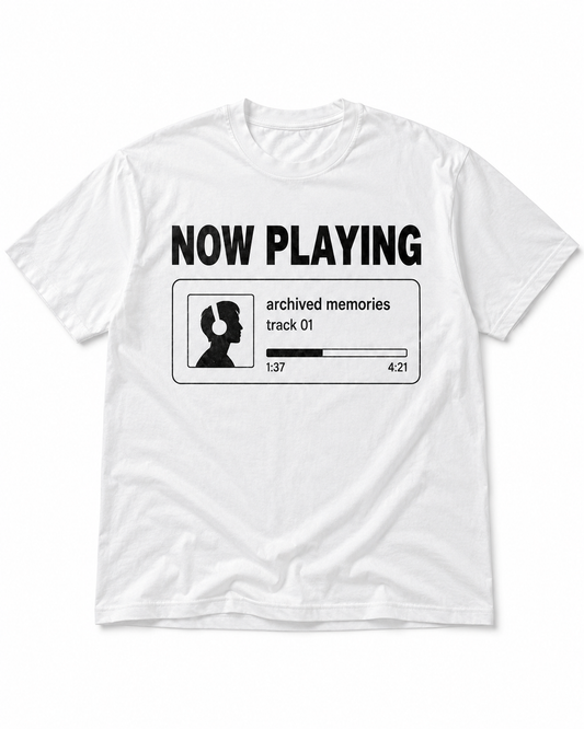 Archived Memories Now Playing iPod Era oversized white graphic T-shirt front view