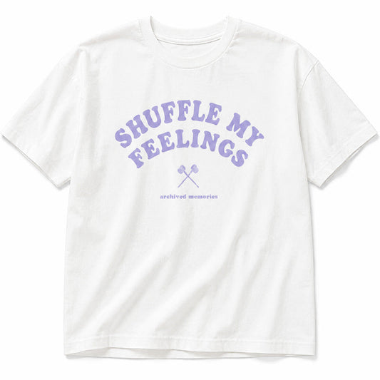 Archived Memories Shuffle My Feelings oversized white T-shirt, centered at uniform scale on pure white background